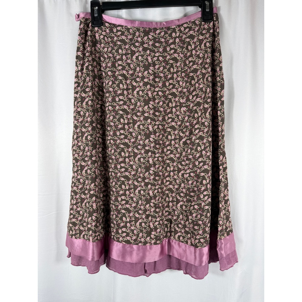 J. Jillβ Brown Pink Floral Rayon Midi Skirt Satin Trim Tiered Hem 4 Petite